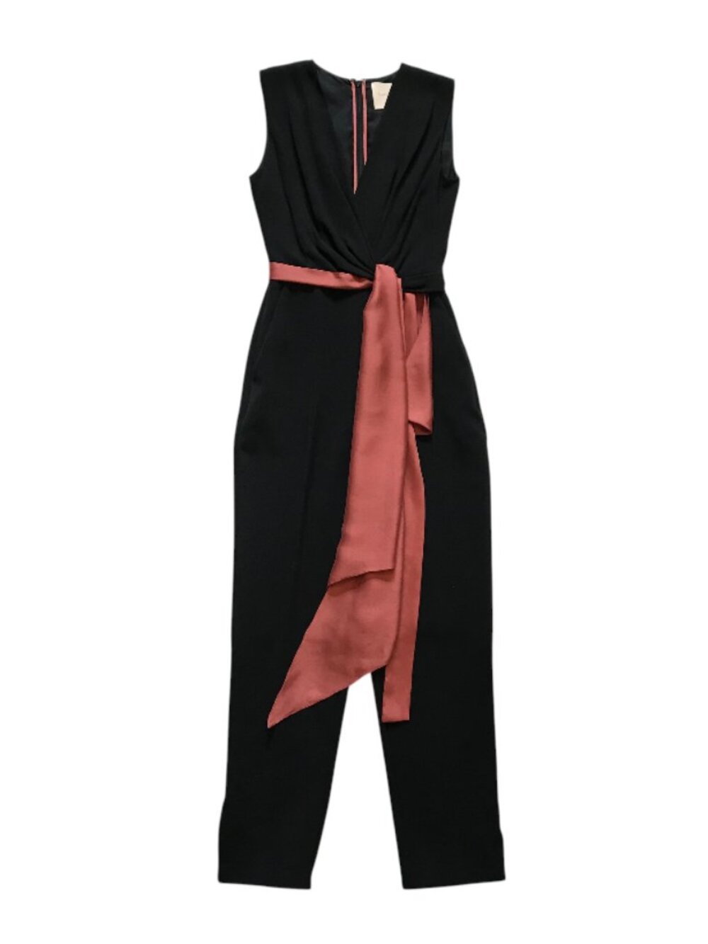 Roksanda Ilincic Crepe Jumpsuit Womens 8 4 US Black V-Neck Sleeveless Rose Sash